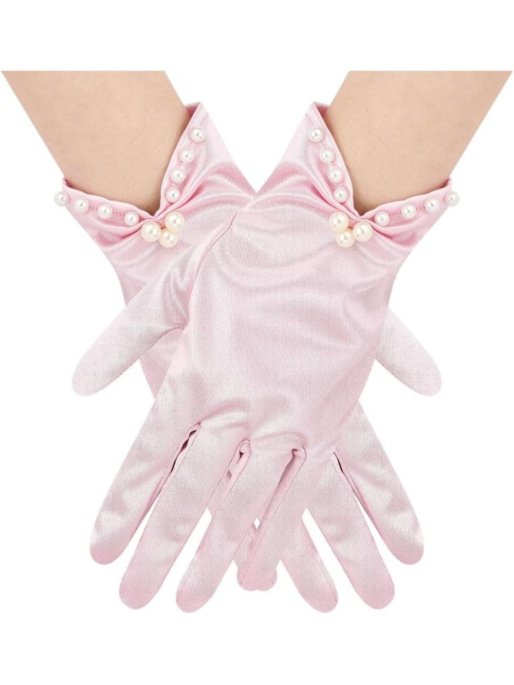 Women's Pink Short Satin Gloves with Pearl Tea Party Opera Banquet Gloves